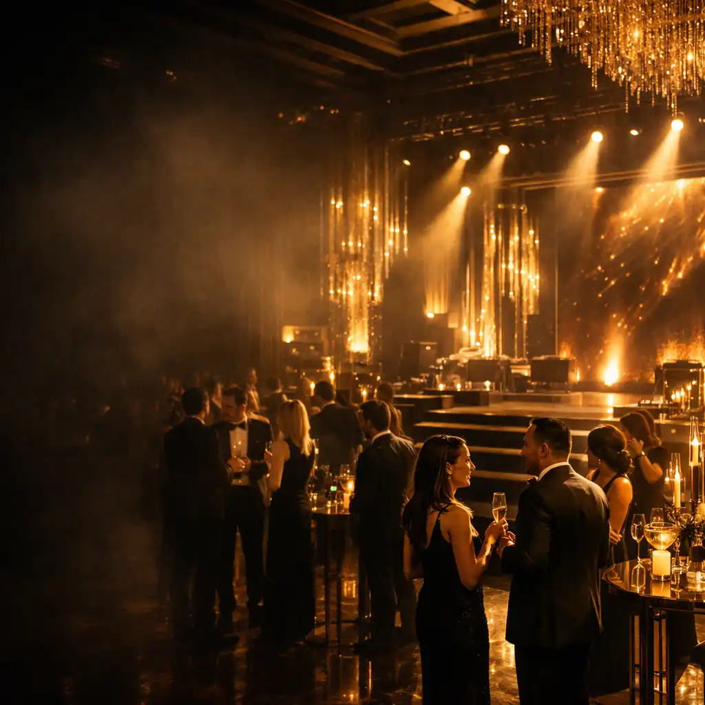 Luksusowa gala korporacyjna z elegancką scenografią i oświetleniem